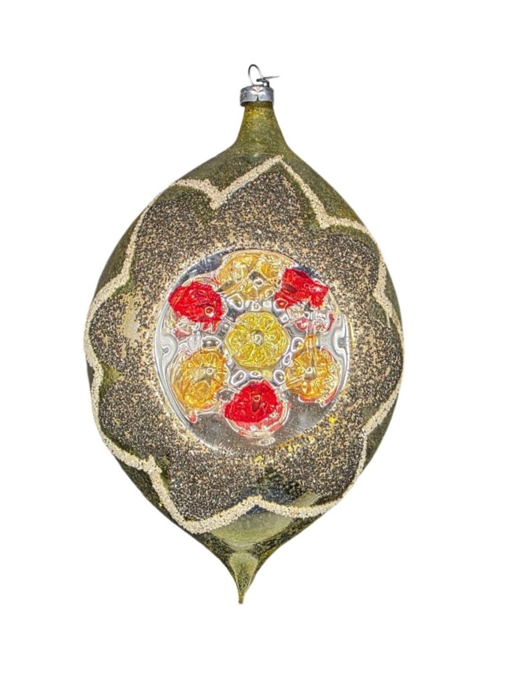 Rare Jumbo 7.5" Double Indent Reflector Mica Teardrop Glass Christmas Ornament